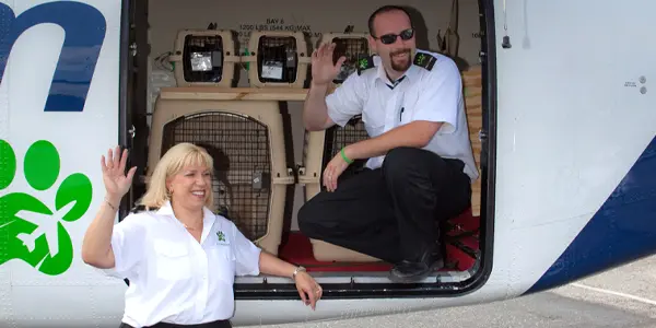 Pet Voyage Staff waving from plane